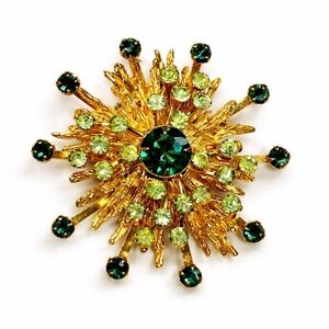 Vintage Gold Tone Green Rhinestone Sunburst Brooch Starburst Pin Emerald Peridot